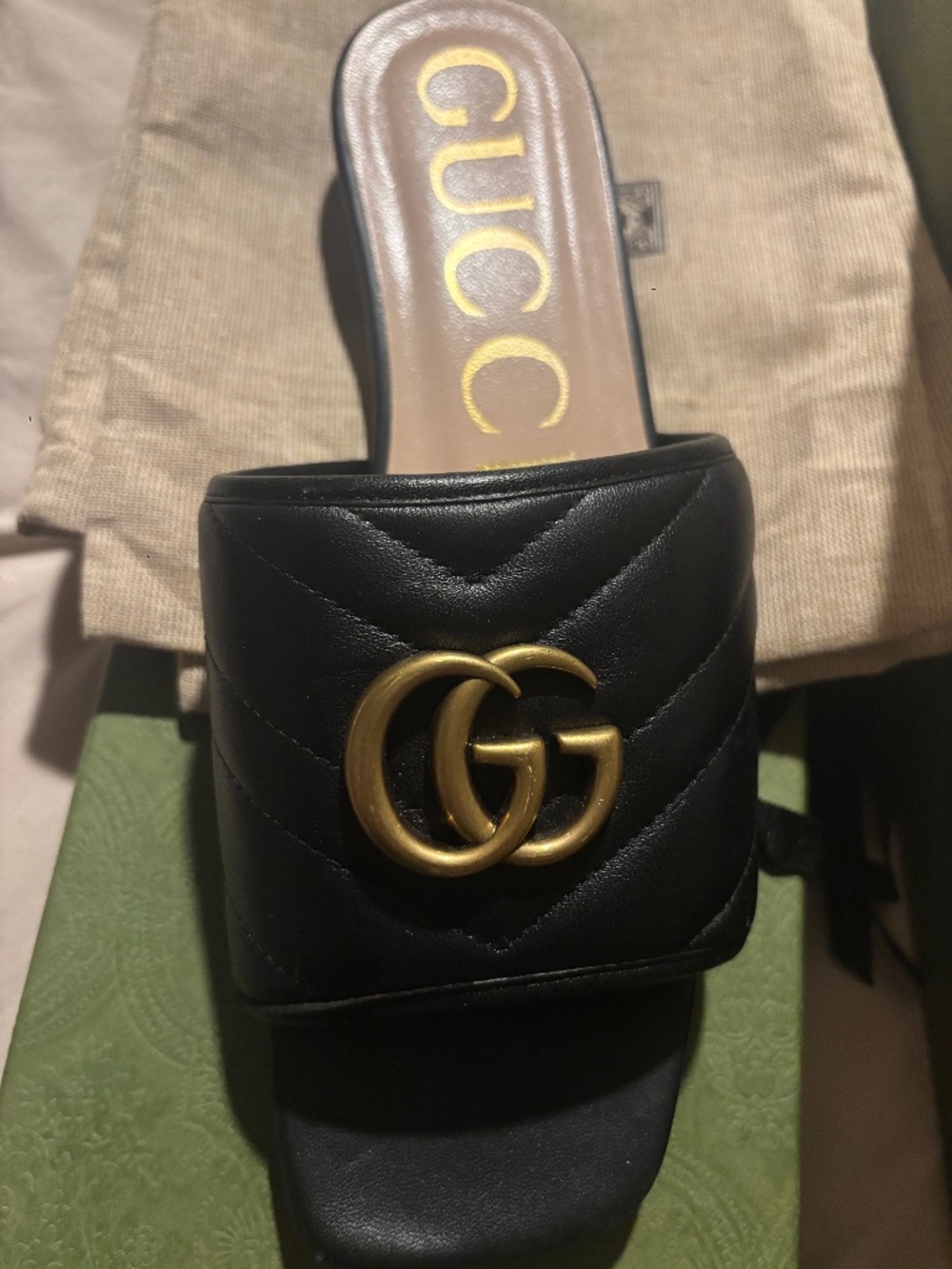 Gucci Jolie GG Black Nappa Leather Sandals Slides EU 37.5 Gold GG